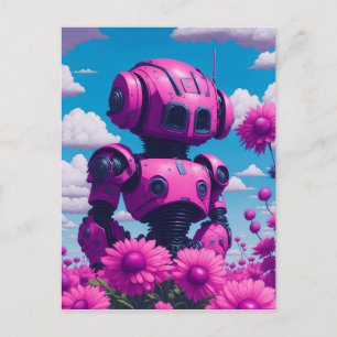 rosa Roboter in rosa Blume Postkarte