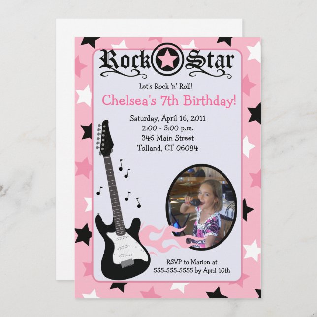 Rosa Rock Star Gitarre *FOTO* Geburtstag 12x18 Einladung (Vorne/Hinten)
