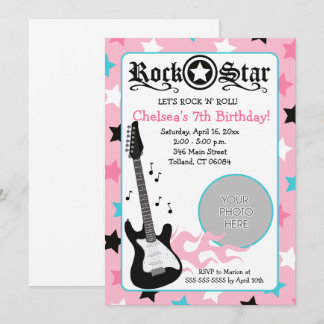 Rosa Rock Star Gitarre *FOTO* Geburtstag 12x18 Einladung