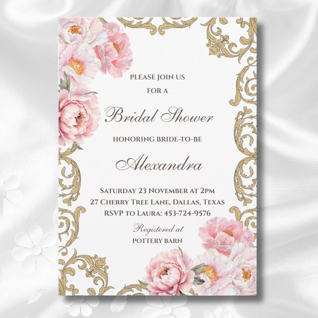 Rosa Rokoko Vintag Peony Brautparty Einladung (Von Creator hochgeladen)