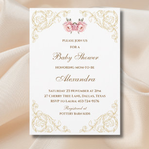 Rosa Rokoko-Vintage-Pfingstrosen-Baby-Party Einladung