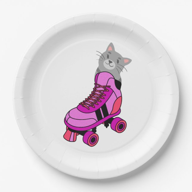 Rosa Roller Skate Cat Pappteller (Vorderseite)