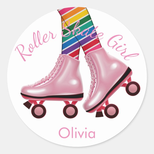 Rosa Roller Skate Girl Runder Aufkleber (Vorderseite)