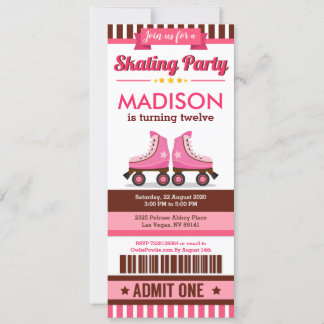 Rosa Roller Skate Sportticket Pass Geburtstag Einladung