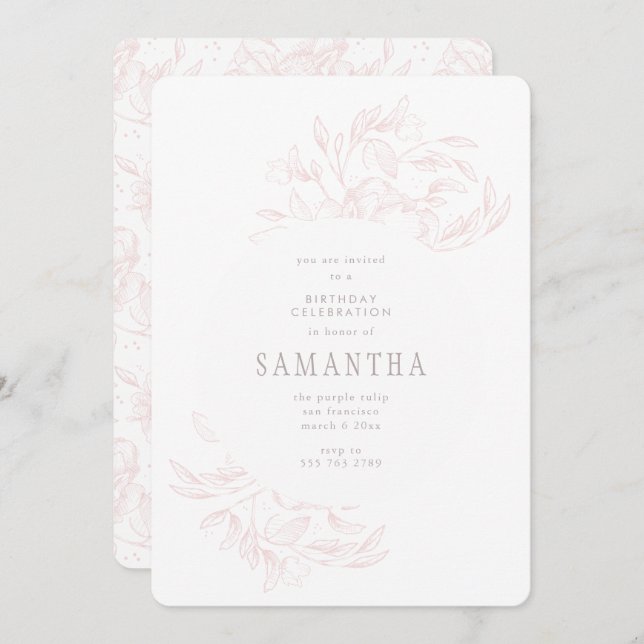 Rosa Romantik Gezeichnet Blumengeburt Einladung (Vorne/Hinten)