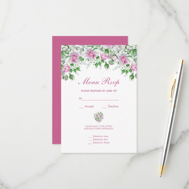 Rosa romantische Rose Hochzeitmenü-UAWG RSVP Karte (Vorderseite/Rückseite Beispiel)
