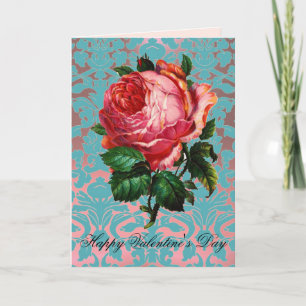 ROSA ROSA AUF AQUABLAUEM DAMAST Valentinstag Feiertagskarte