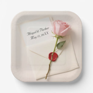 Rosa rosa auf Hochzeitsstationery mit Wachssiegel Pappteller