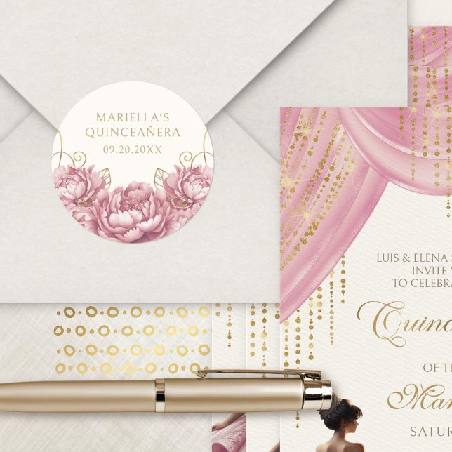 Rosa Rosa Bläserner Elegant Quinceanera Runder Aufkleber (Von Creator hochgeladen)