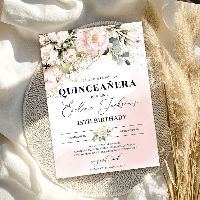 Rosa Rosa-Blätter, Goldbarren Einladung (Boho blush pink floral gold leaves quinceanera invitation)