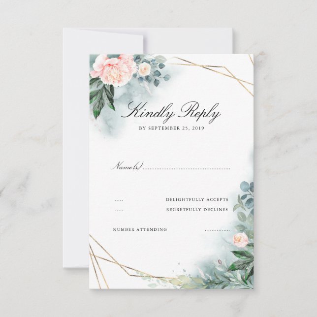 Rosa Rosa Blume Eleganter Goldrahmen Hochzeitszitz RSVP Karte (Vorderseite)