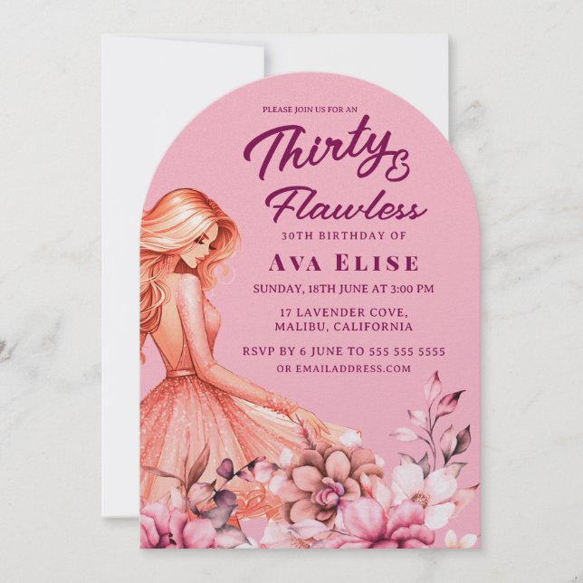 Rosa Rosa Blütenblumenkleid 30. Geburtstag Party Einladung (Vorderseite)