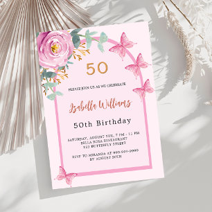 Rosa Rosa Blütenschmetterlinge Geburtstag Einladung