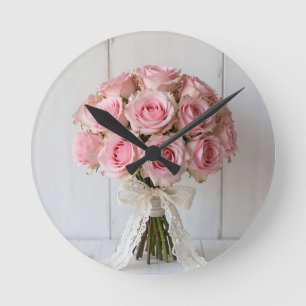 Rosa rosa Bouquet Perlen-Spitze Romantisch Runde Wanduhr