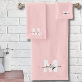 Rosa Rosa Elegant Minimaler Name Monogram Badhandtuch Set