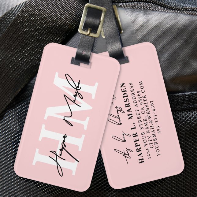 Rosa Rosa Elegante Girly Monogram Name Gepäckanhänger (Blush Pink Elegant Girly Monogram Name Luggage Tag)