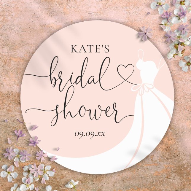 Rosa Rosa Elegantes Hochzeitskleid Brautparty Runder Aufkleber (Blush Pink Elegant Wedding Dress Bridal Shower Classic Round Sticker)