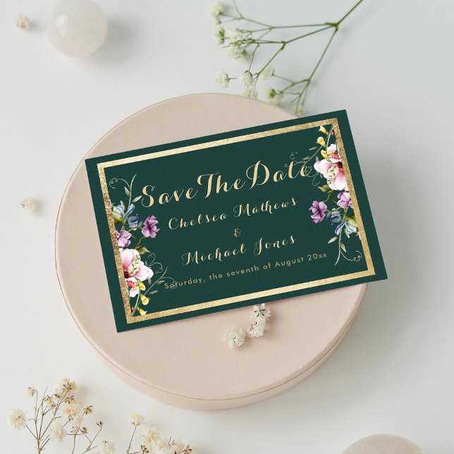 Rosa Rosa-Flora Save the Date in Edelwaldgrün (Elegant forest green gold pink flora Save The Date)