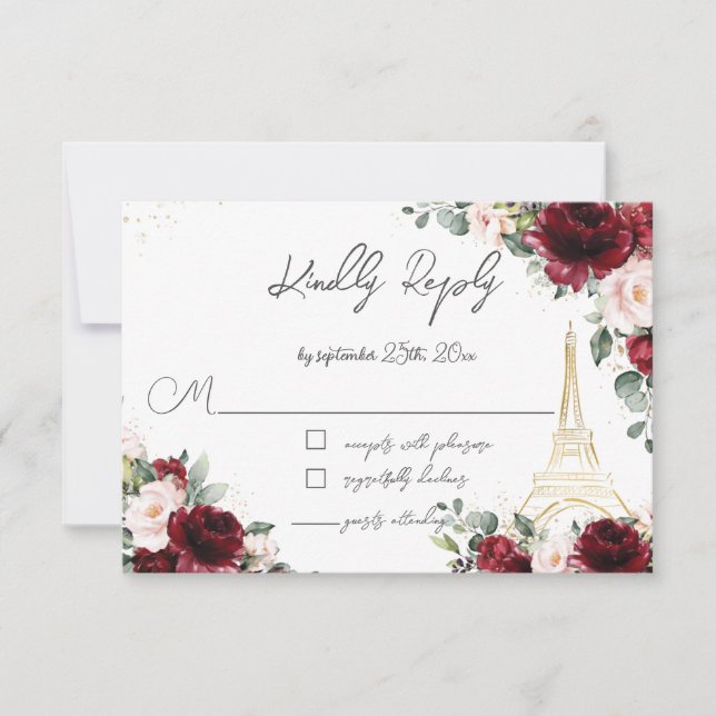 Rosa Rosa Floral Gold Paris Eiffel Quinceañera RSVP Karte (Vorderseite)