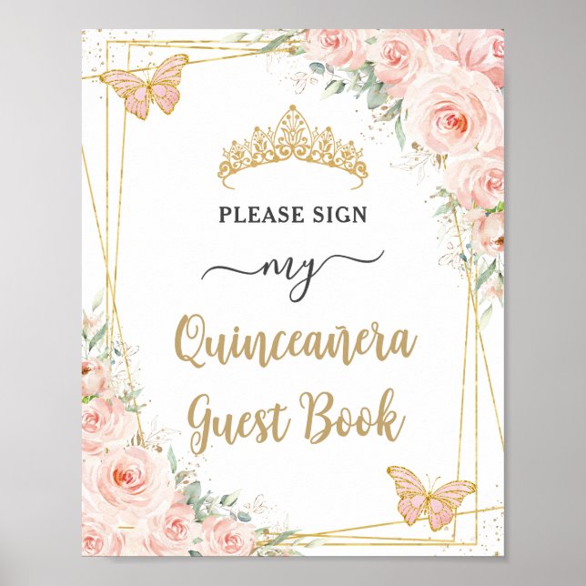 Rosa Rosa Floral Gold Quinceanera Gästebuch (Vorne)