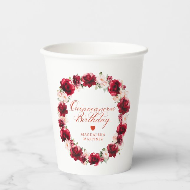Rosa Rosa Floral Quinceanera Personalisiert Pappbecher (Vorderseite)