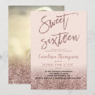 Rosa Rosa Glitzer Typografie Sweet 16 Foto Einladung
