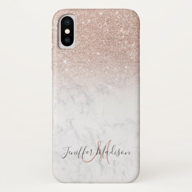 Rosa Rosa Glitzer Weißer Marmor Personalisiert   Case-Mate iPhone Hülle (Rückseite)