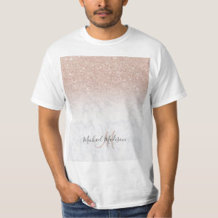 Rosa Rosa Glitzer Weißer Marmor Personalisiert T-Shirt