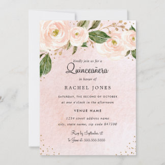 Rosa Rosa Gold Floral Quinceanera Geburtstag Einladung