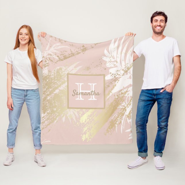 Rosa Rosa Goldblüte Blätter Blattmongramm Fleecedecke (Beispiel)