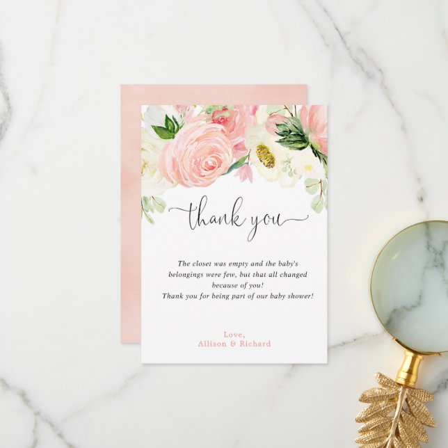 Rosa Rosa goldfarbene Blumengrün Aquarell Dankeskarte (Vorderseite/Rückseite Beispiel)