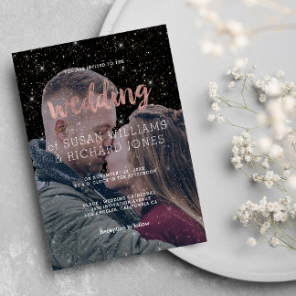 Rosa Rosa Goldtypo Schwarzer Glitzer Foto Hochzeit Einladung