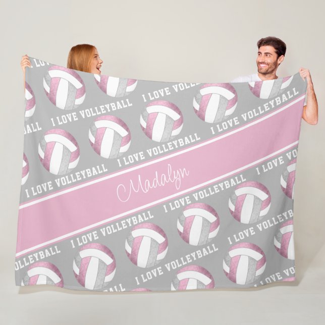 rosa-rosa-graue Liebe-Volleyballsportart Fleecedecke (Beispiel)