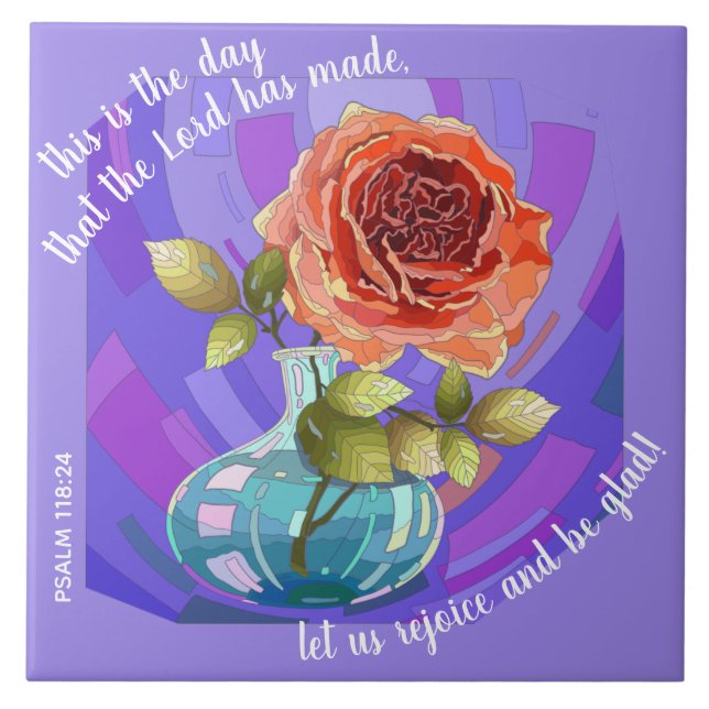 Rosa Rosa in Vase, w Vers von Psalm 118:24 Fliese (Vorderseite)