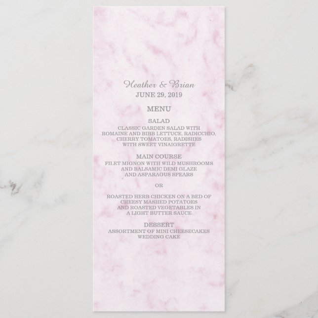 Rosa Rosa Marble Wedding Menu Menükarte (Vorderseite)