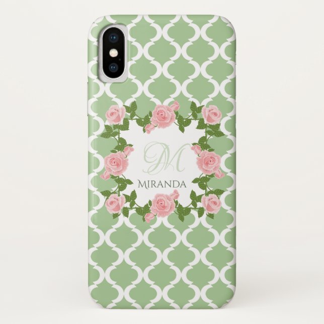 Rosa Rosa-Monogramm mit nilgrünem Quatrefolie, mit Case-Mate iPhone Hülle (Rückseite)