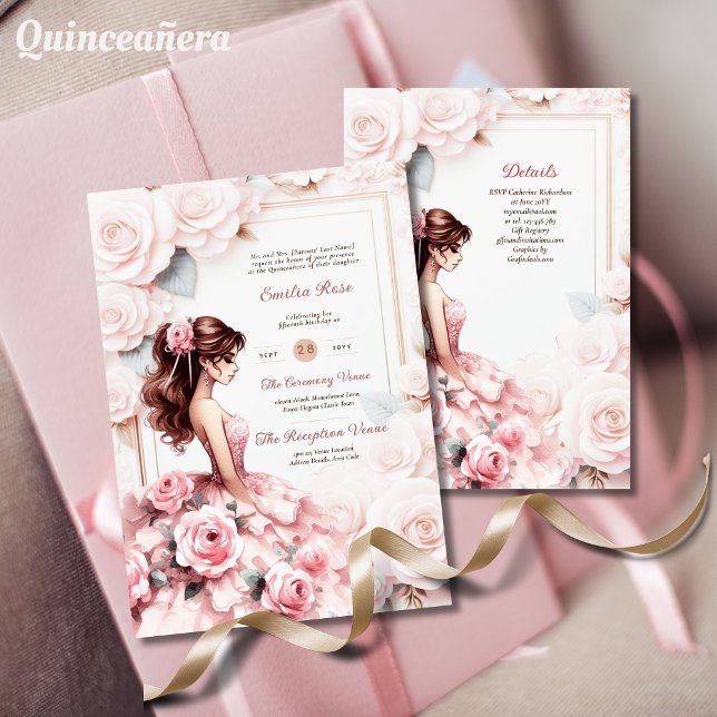 Rosa Rosa Quinceanera Zeremonie Empfang Einladung (Von Creator hochgeladen)