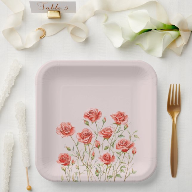 Rosa Rosa Romantische Rote Rosen Brautparty Pappteller (Hochzeit)