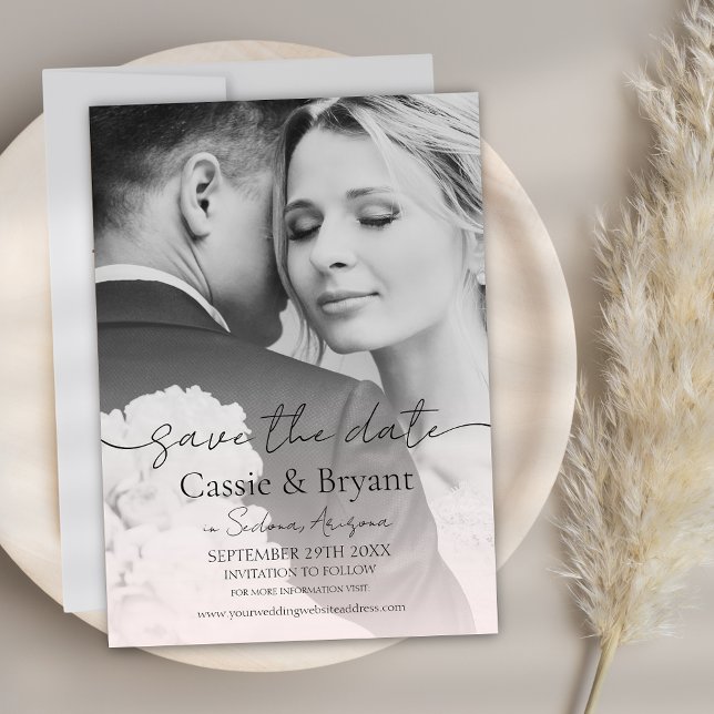 Rosa Rosa Romantischer Chic Volles Foto Save the D (Blush Pink Modern Minimalist Save the Date Wedding Invitation with Calligraphy Script)