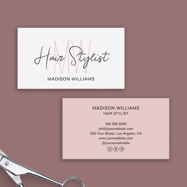 Rosa Rosa-Rosa-Logo auf der Hair Stylist Visitenkarte (Hair Stylist Monogram Logo White Blush Pink Business Card)