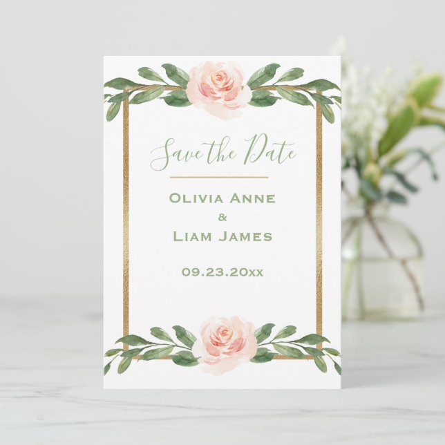 Rosa Rosa Rosa Romantische Flora Elegantes Script  Save The Date (Stehend Vorderseite)