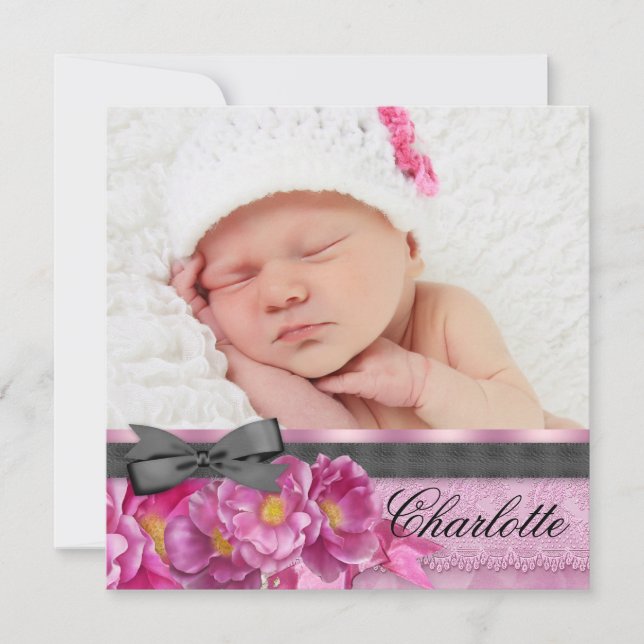 Rosa Rosa Rosa Schwarzes Foto Geburtshinweise Ankündigung (Vorderseite)