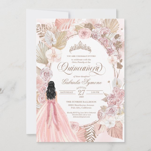 Rosa Rosa Rose Boho Quinceanera Invi Einladung (Vorderseite)