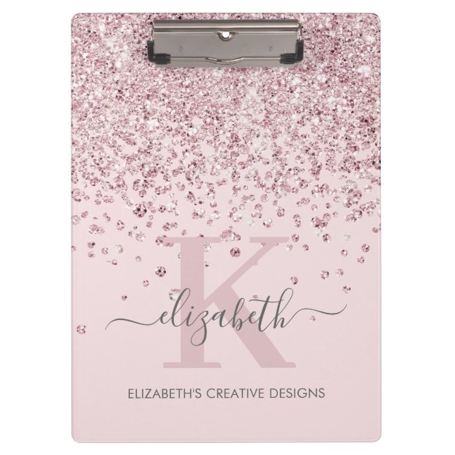 Rosa Rosa Rose Gold Diamant Glitzer Mit Monogramm Klemmbrett (Vorderseite)