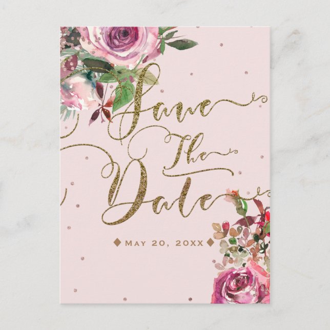 Rosa Rosa Rose Gold Floral Modern Save the Date Ankündigungspostkarte (Vorderseite)