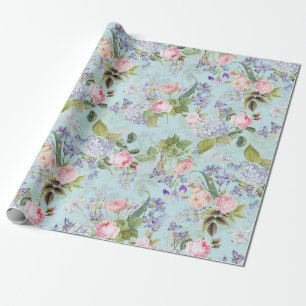 Rosa Rosa Rose Redouté Bouquets auf blau Geschenkpapier