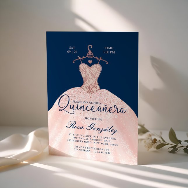 Rosa Rosa Roya Goya Navy Blau Einladung (Blush Pink Quinceañera Roya Gown Navy Blue Invitation)