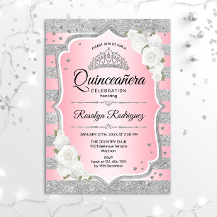 Rosa Rosa Silber Quinceanera Einladung