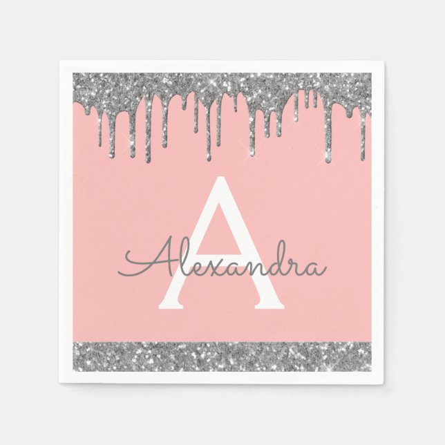 Rosa Rosa Silberne Glitzer Monogram Geburtstag Serviette (Vorderseite)