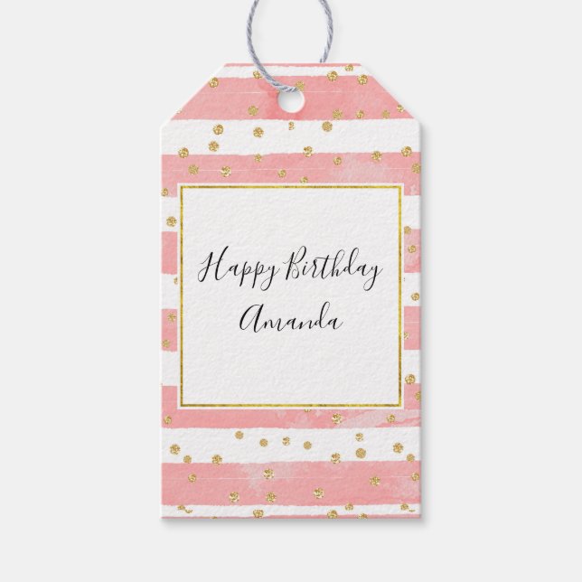 Rosa Rosa Streifen mit Imitaten Gold Confetti Geschenkanhänger (Vorderseite)